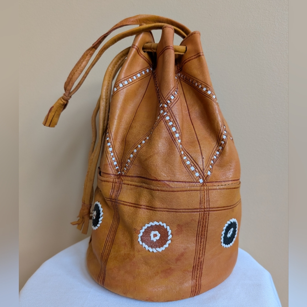 Vintage Moroccan Leather Bucket Bag Boho Tribal Stamped Drawstring Purse